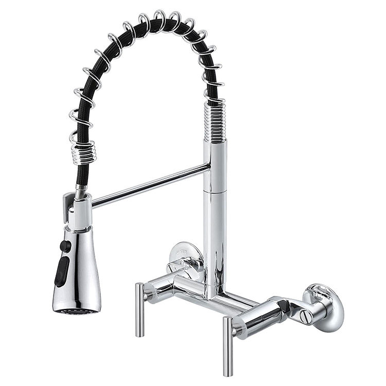 2023 New Design Two Hole Double Handle Wall Mount Spring Kitchen Faucet Mixer Taps