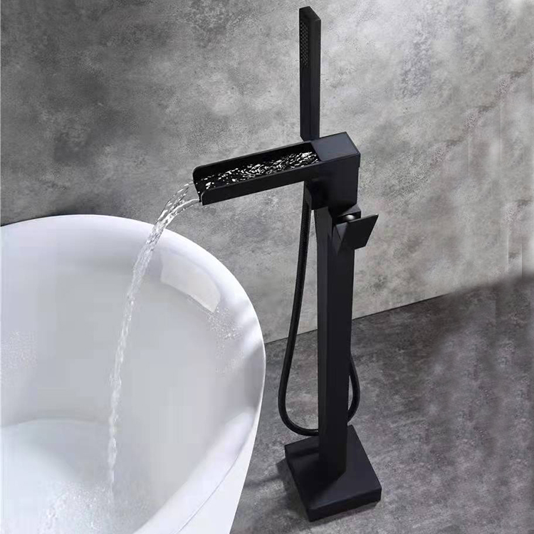 Waterfall Tub Filler Brass Floor Stand Free Standing Black Bathtub Faucet