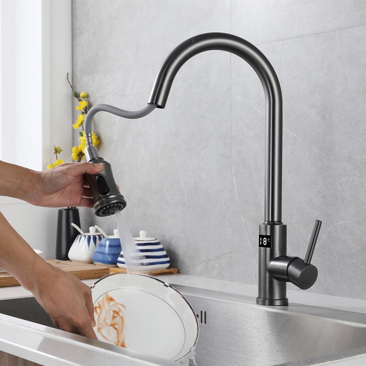 Single Handle Hot Cold Function Brass Material Gun Grey Color Pull Out Kitchen Sink Faucets Mixer