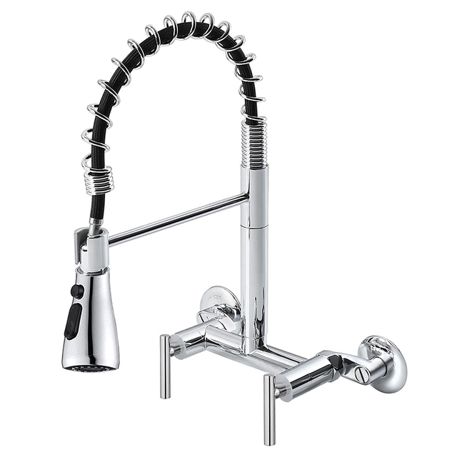 Two Hole Double Handle Wall Mount Spring Kitchen Faucet Mixer Taps