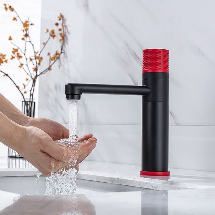 Black Red Deck Mounted Single Lever One Hole Push Button Bathroom Sink Faucet MIxer Tap