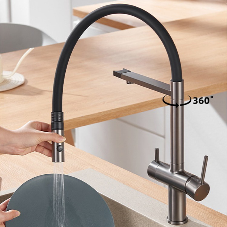 Deck Mounted Two Lever 3 Way Flexible Kitchen Tap Faucet with Water Filter