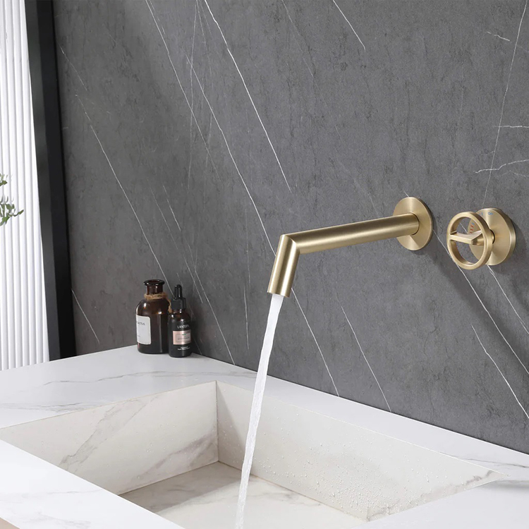 Build in Wall Two Holes Single Handle Brass Bathroom Basin Faucet Mixer in Black Gold