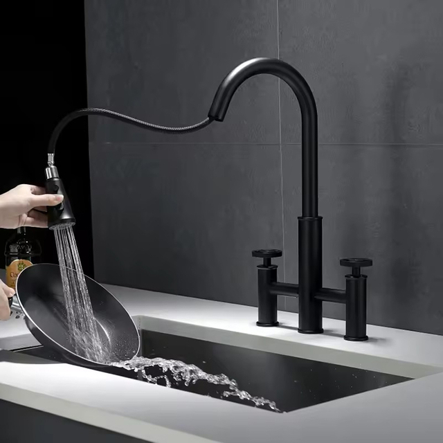 Brass Bridge Kitchen Faucet with Pull Down Sprayer