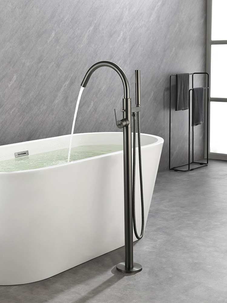 Brass Floor Mounted Tub Filler Free Standing Bathtub Faucet in Gun Metal Grey