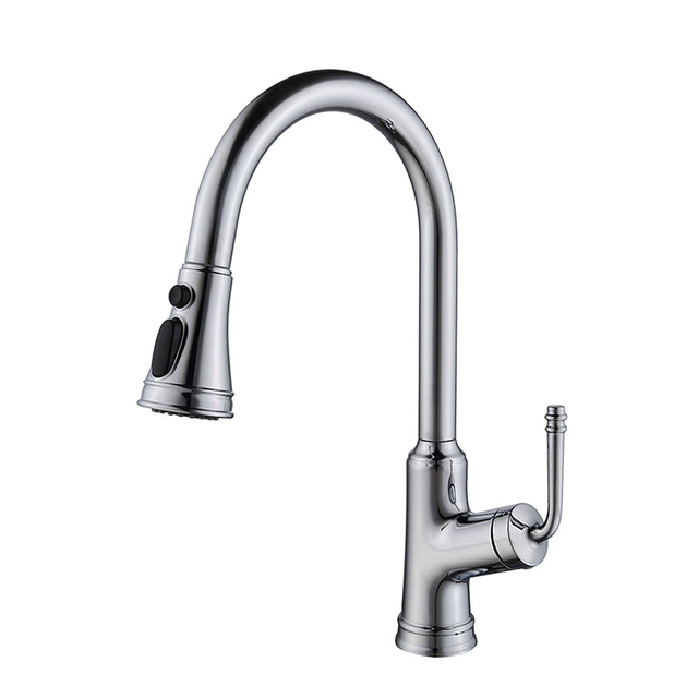 Brass Chrome Plated Deck Mounted Single Hole Single Handle Kitchen Faucets with Pull Down Sprayer